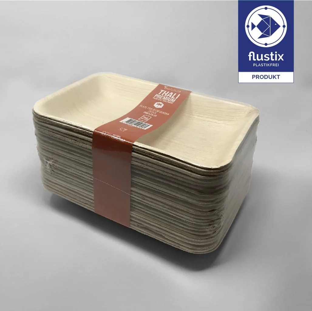 Die Thali Premium Palm Leaf Tableware von Biofutura, Mit Flustix Plastikfrei-Siegel zertifiziert