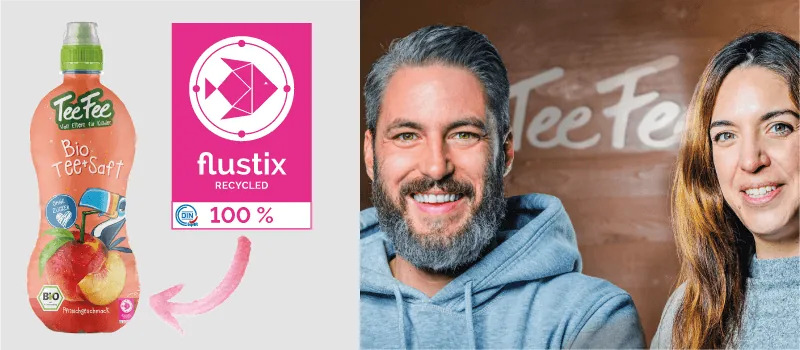 Zu sehen sind neben der TeeFee Flacshe mit Flustix Siegel dieGründer Marco Rühl & Jill-Evelyn Erlach