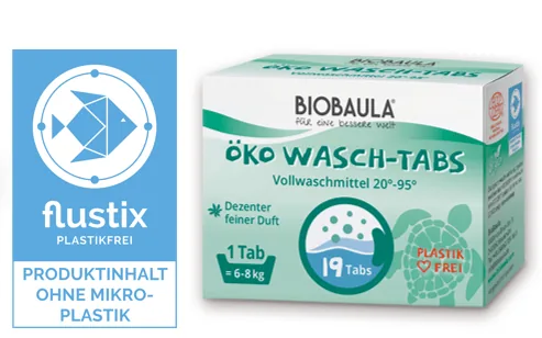 Verpackung des Produkts Öko Wasch-tabs von BioBaila mit dem Flustix-Siegel Produktinhalt ohne Mikroplastik