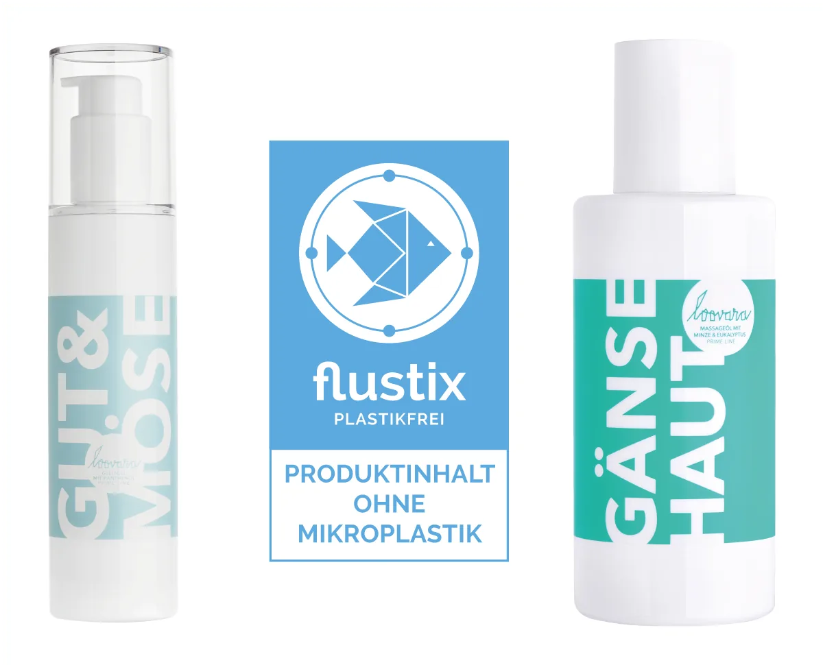 Gleitgel und Massageöl, Produkte der Prime Line von loovara, die von Flustix zertifiziert wurden und das Flustix Mikroplastikfrei-Siegel