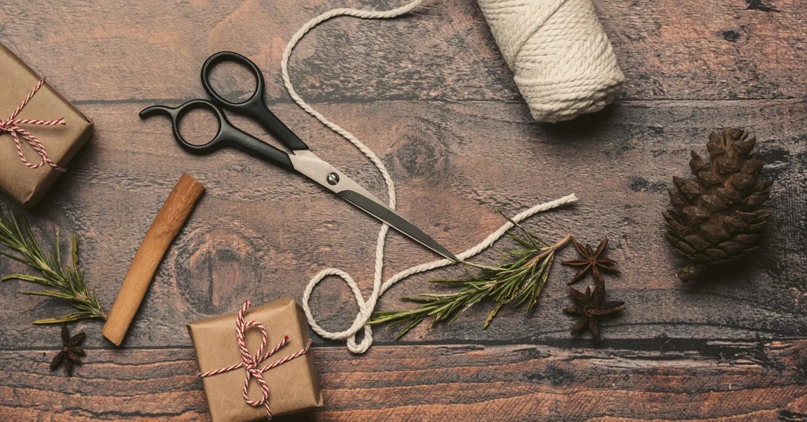 Table with presents, scissors, string and decorations