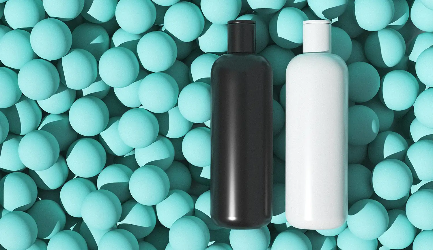 Two white bottles on a background of pink spheres