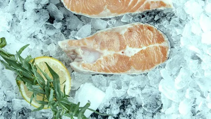 Salmon steaks on ice